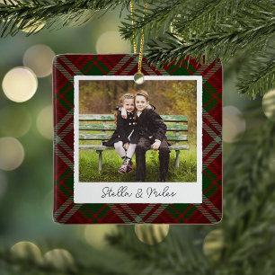Classic Plaid Double Sided Personalized Photo Ceramic Ornament