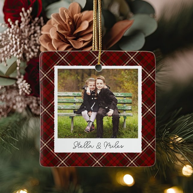 Classic Plaid Double Sided Personalized Photo Ceramic Ornament (Creator Uploaded)