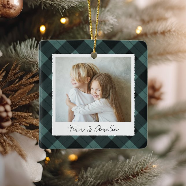 Classic Plaid Double Sided Personalized Photo Ceramic Ornament (Creator Uploaded)