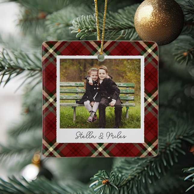 Classic Plaid Double Sided Personalized Photo Ceramic Ornament (Creator Uploaded)