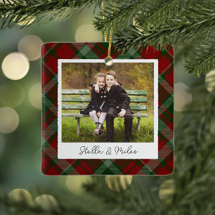 Classic Plaid Double Sided Personalized Photo Ceramic Ornament