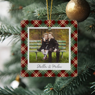 Classic Plaid Double Sided Personalized Photo Ceramic Ornament