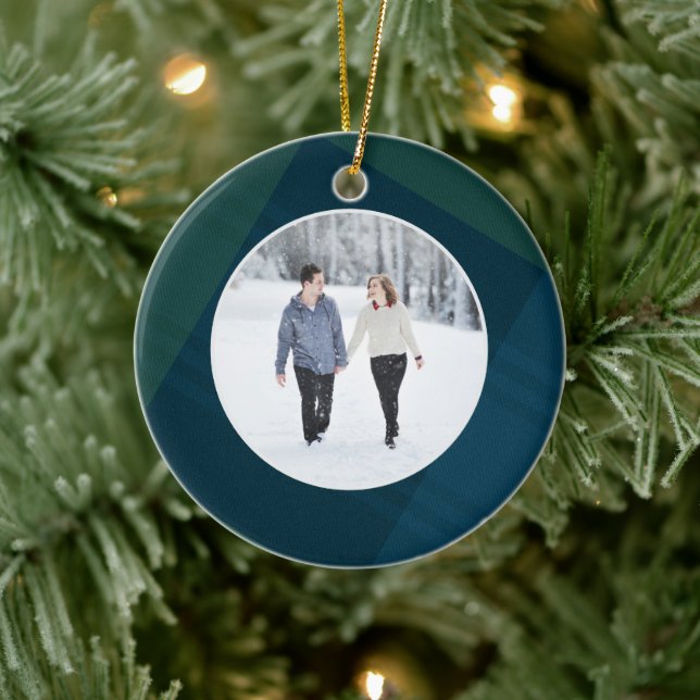 Classic plaid first married Christmas photo Ceramic Ornament (Tree)