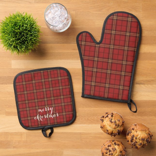 Classic Plaid Merry Christmas Festive -  Oven Mitt & Pot Holder Set (Top Down)