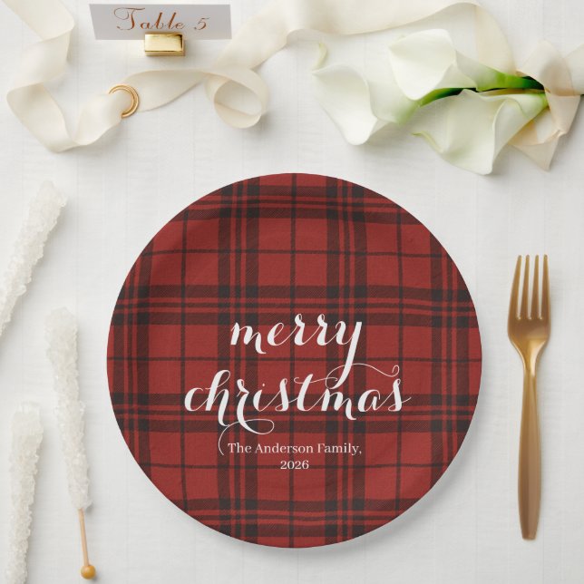 Classic Plaid Merry Christmas Festive -  Paper Plate (Wedding)