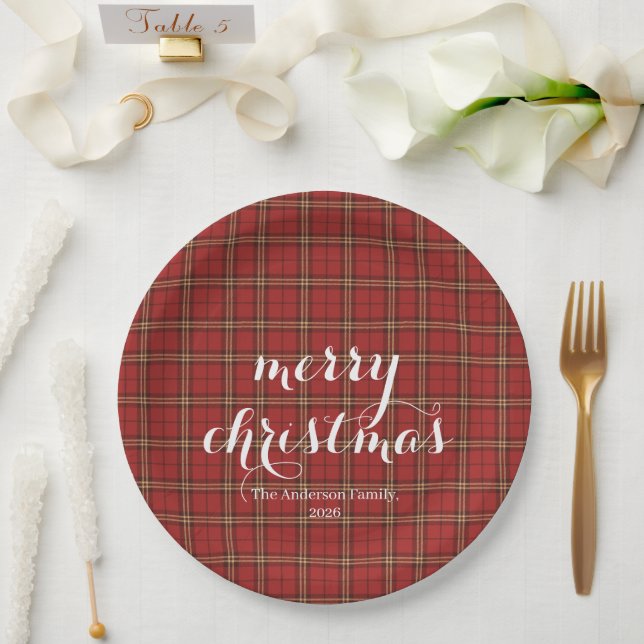 Classic Plaid Merry Christmas Festive -  Paper Plate (Wedding)