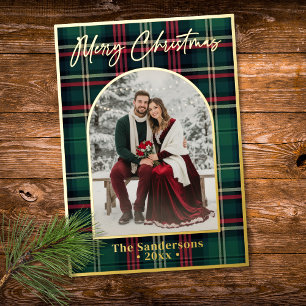 Classic Plaid Merry Christmas Script Arch Photo Foil Holiday Card