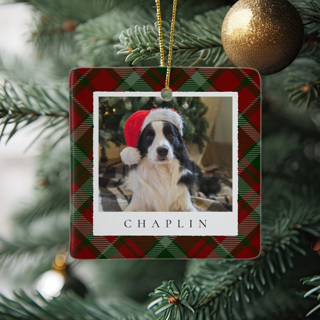 Classic Plaid Personalized Pet Dog Photo Ceramic Ornament (Creator Uploaded)