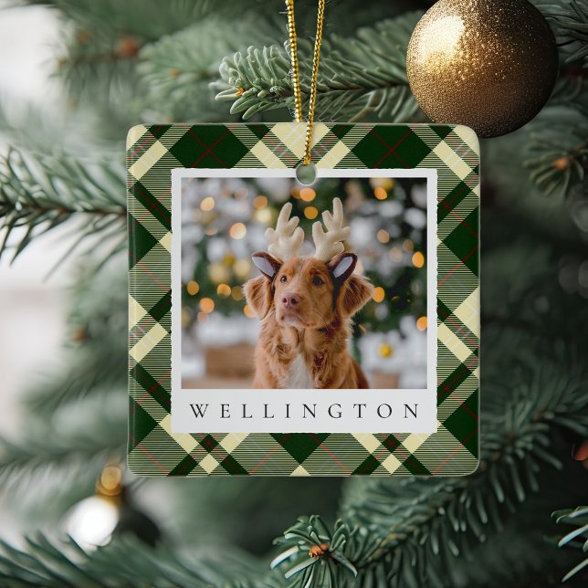 Classic Plaid Personalized Pet Dog Photo Ceramic Ornament (Creator Uploaded)