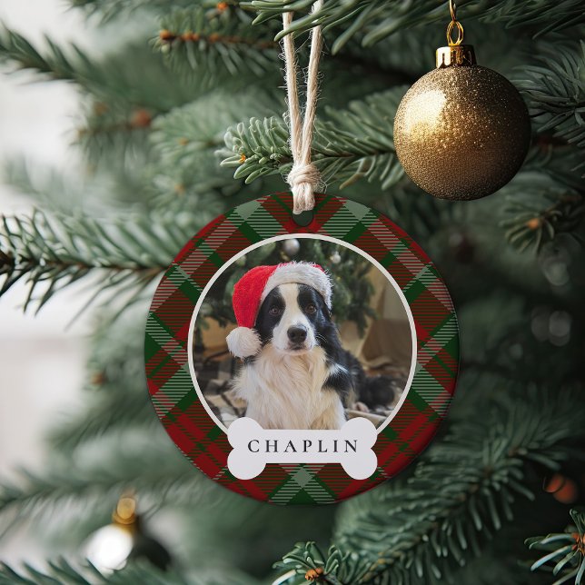 Classic Plaid Personalized Pet Dog Photo & Name Ceramic Ornament (Creator Uploaded)