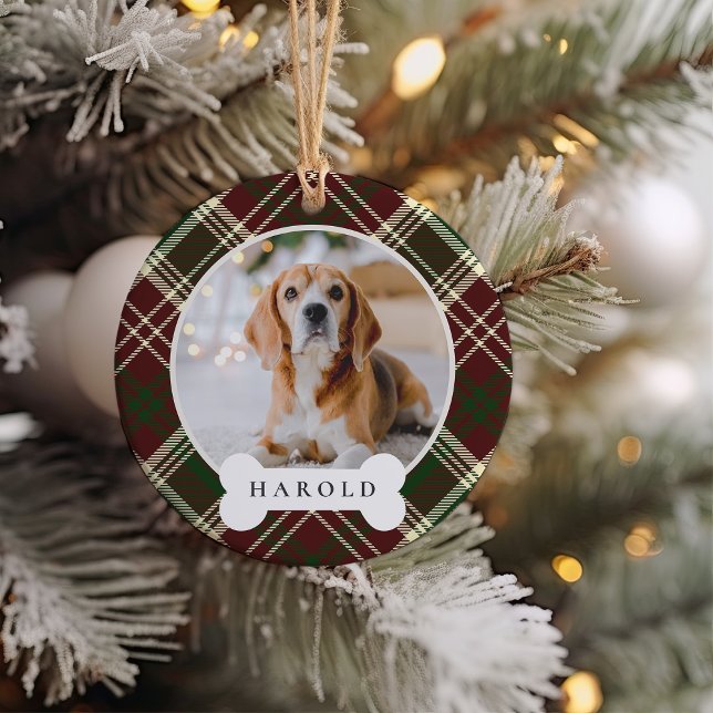 Classic Plaid Personalized Pet Dog Photo & Name Ceramic Ornament (Creator Uploaded)