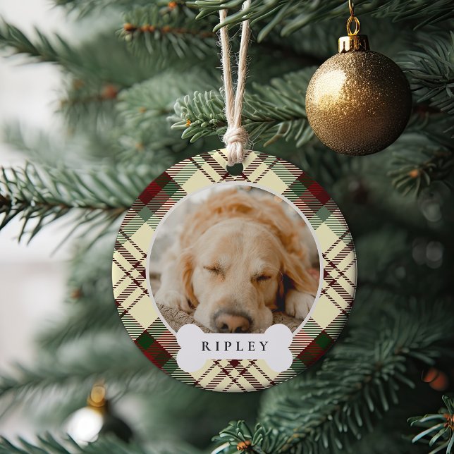 Classic Plaid Personalized Pet Dog Photo & Name Ceramic Ornament (Creator Uploaded)