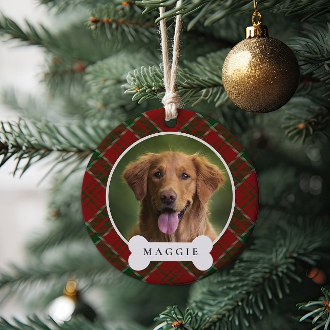 Classic Plaid Personalized Pet Dog Photo & Name Ceramic Ornament (Creator Uploaded)