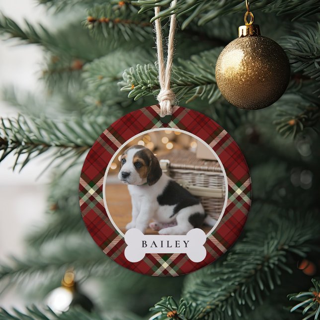 Classic Plaid Personalized Pet Dog Photo & Name Ceramic Ornament (Creator Uploaded)
