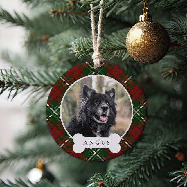 Classic Plaid Personalized Pet Dog Photo & Name Ceramic Ornament (Creator Uploaded)