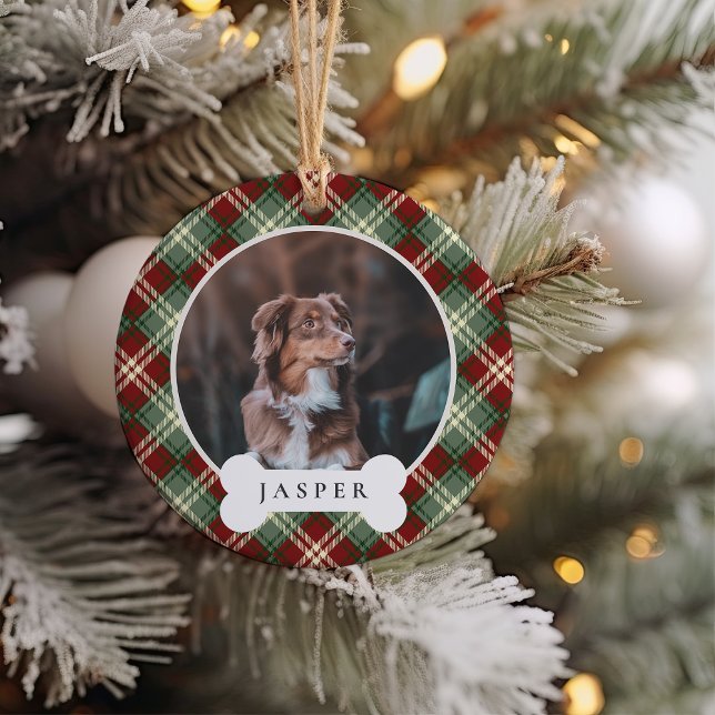 Classic Plaid Personalized Pet Dog Photo & Name Ceramic Ornament (Creator Uploaded)