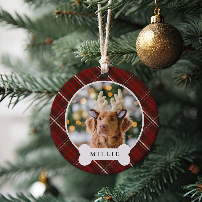 Classic Plaid Personalized Pet Dog Photo & Name Ceramic Ornament (Creator Uploaded)