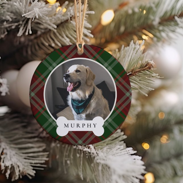 Classic Plaid Personalized Pet Dog Photo & Name Ceramic Ornament (Creator Uploaded)