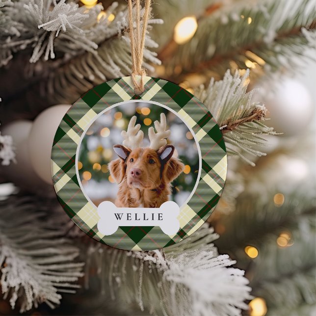 Classic Plaid Personalized Pet Dog Photo & Name Ceramic Ornament (Creator Uploaded)