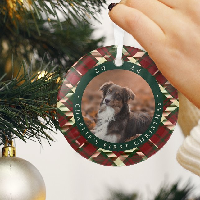 Classic Plaid Pet's First Christmas Photo Glass Ornament (Creator Uploaded)