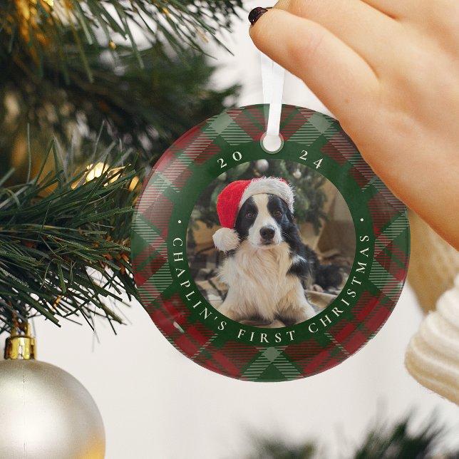 Classic Plaid Pet's First Christmas Photo Glass Ornament (Creator Uploaded)