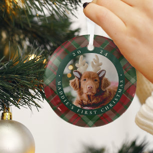 Classic Plaid Pet's First Christmas Photo Glass Ornament