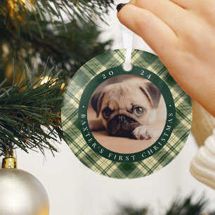 Classic Plaid Pet's First Christmas Photo Glass Ornament