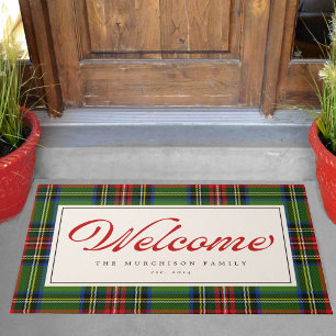 Classic Plaid Retro Script Holiday Red and Green Doormat
