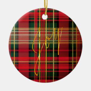Classic Plaid Tartan 'Joy' Calligraphy Decorative  Ceramic Ornament