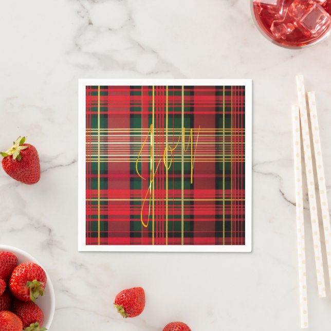 Classic Plaid Tartan 'Joy' Calligraphy Decorative  Napkin (Insitu)