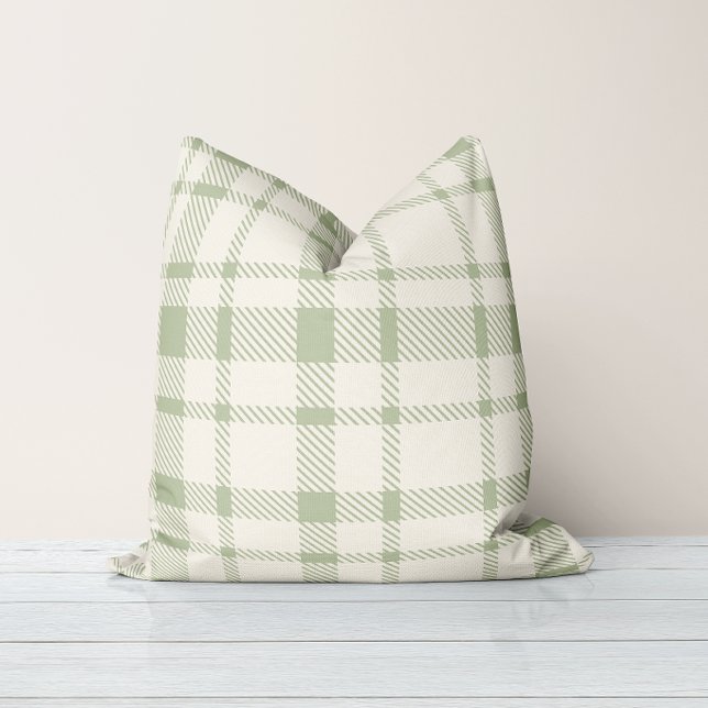 Classic Plaid Tartan Pattern-Mint Green & Cream Throw Pillow (Creator Uploaded)