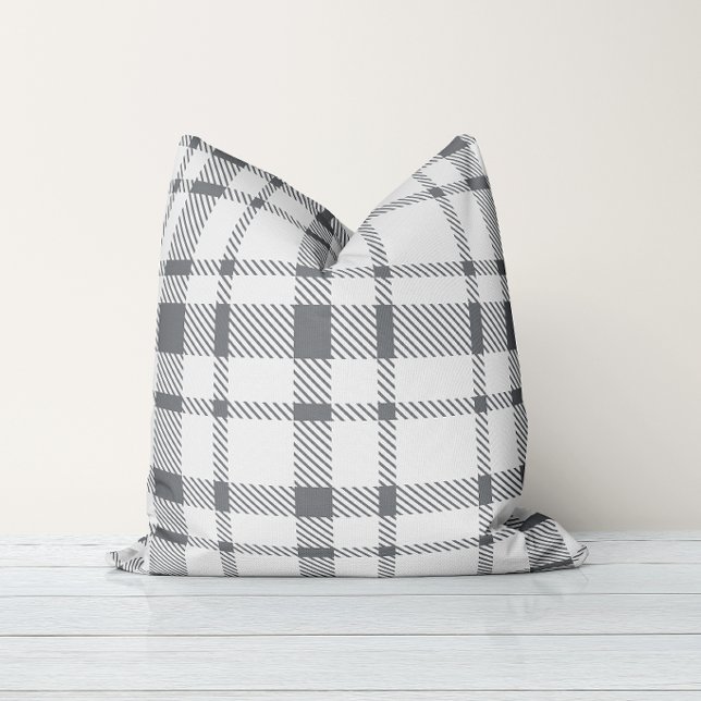 Classic Plaid Tartan Pattern-Neutral Grey & White Throw Pillow (Creator Uploaded)