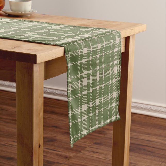 Classic Plaid Tartan Pattern-Olive Green & Cream Short Table Runner (In Situ)