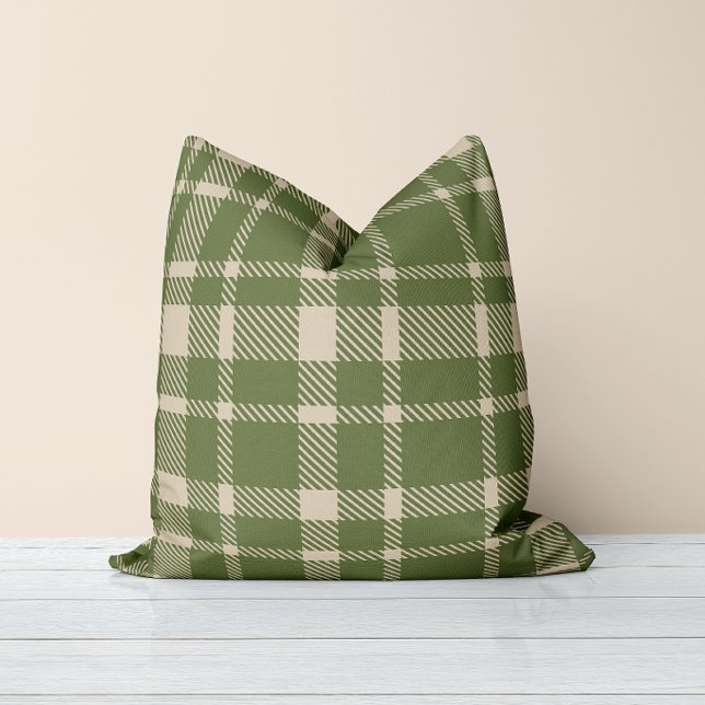 Classic Plaid Tartan Pattern-Olive Green & Cream Throw Pillow (Creator Uploaded)