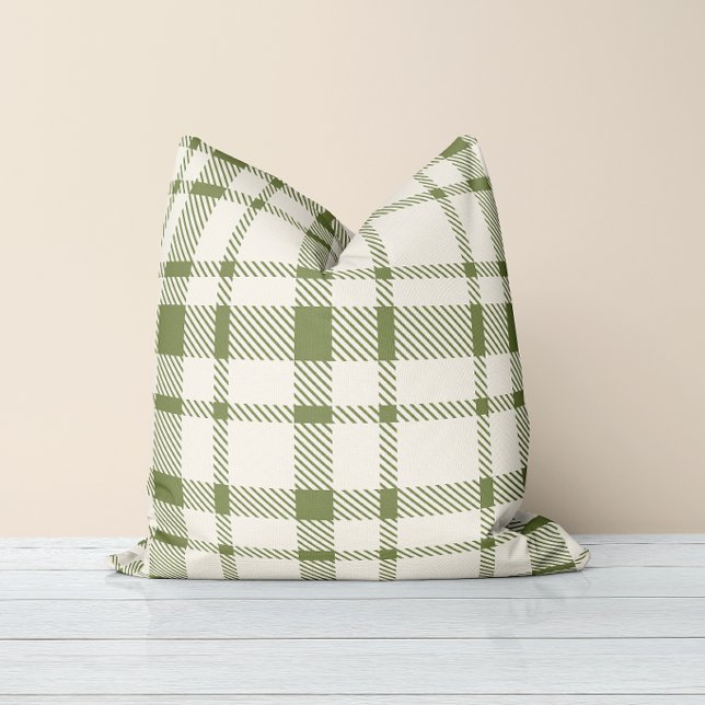 Classic Plaid Tartan Pattern-Olive Green & White Throw Pillow (Creator Uploaded)