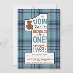 Classic Plaid Teddy Bear First Birthday Custom Invitation
