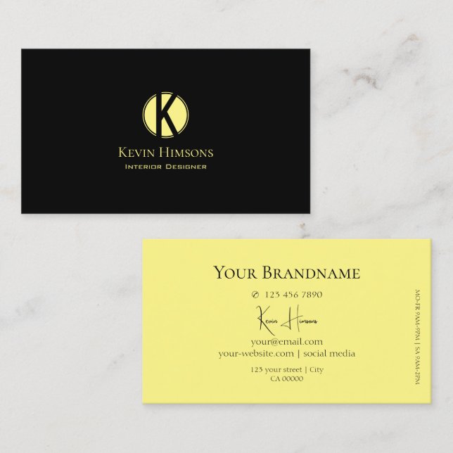 Classic Plain Black and Yellow with Monogram Chic Business Card (Front/Back)