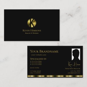 Classic Plain Black Gold with Monogram and Photo Business Card