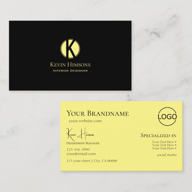 Classic Plain Black Yellow with Monogram and Logo Business Card (Front/Back)