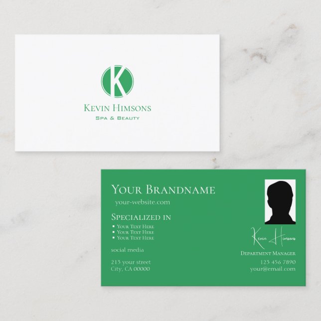 Classic Plain White Green with Monogram and Photo Business Card (Front/Back)