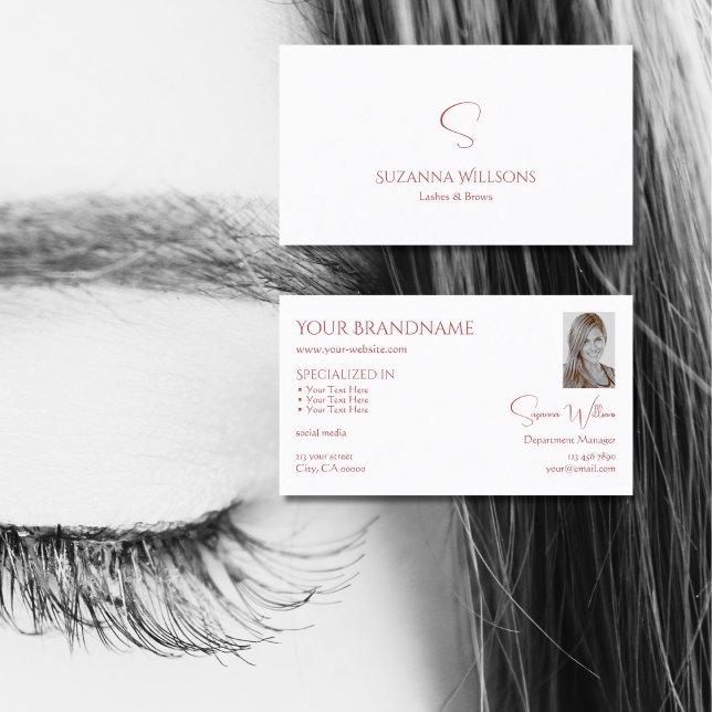 Classic Plain White Red with Monogram and Photo Business Card (Creator Uploaded)