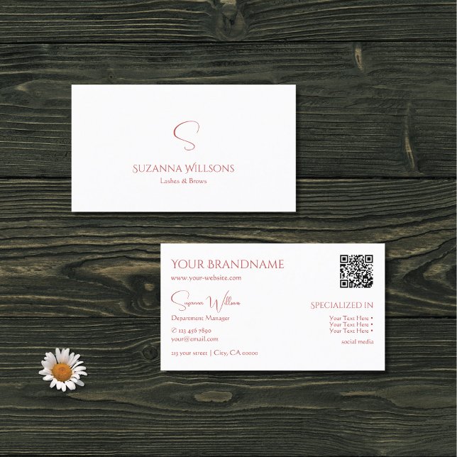 Classic Plain White Red with Monogram and QR Code Business Card (Creator Uploaded)