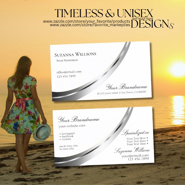 Classic Plain White with Decorative Silver Decor Business Card (Creator Uploaded)