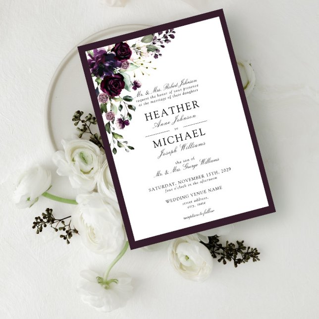 Classic Plum Purple Floral Watercolor Script Invitation (Creator Uploaded)