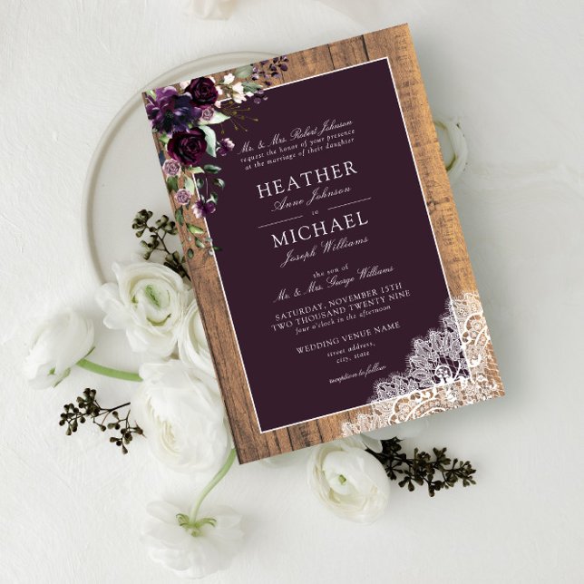 Classic Plum Purple Rustic Wood Script Wedding Invitation (Creator Uploaded)