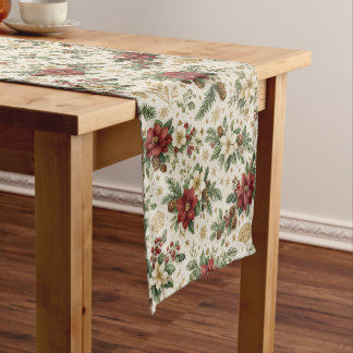 Classic Poinsettia Pine Christmas Botanical Short Table Runner