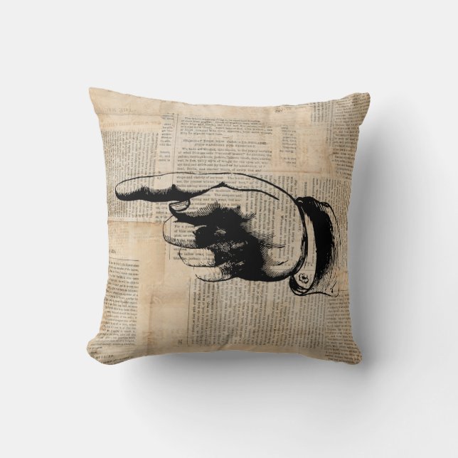 Classic Pointing Finger Art Newspaper Background Throw Pillow (Front)