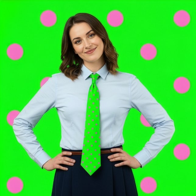 Classic Polka Dot Tie, Hot Pink on Neon Green Tie (Woman with hands on hips wears a neon green tie with hot pink polka dots.)