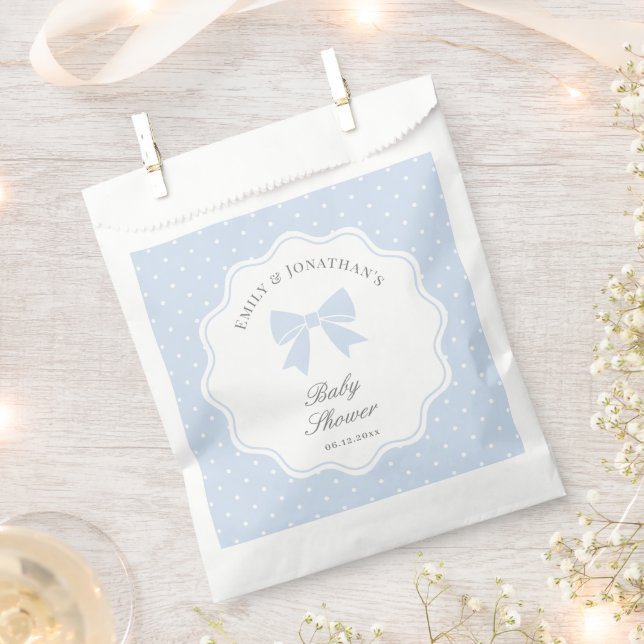 Classic Polka Dots Dusty Blue Bow Boy Baby Shower Favour Bag (Clipped)