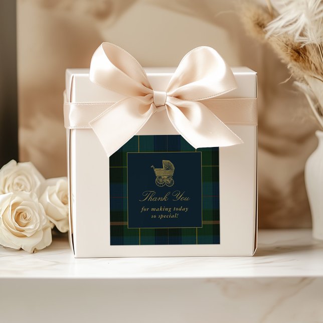 Classic Polo Dark Green Plaid Baby Shower Square Sticker (Creator Uploaded)